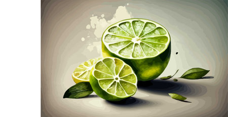 Illustration of fresh lime with green leaves on a gray background.のイラスト素材