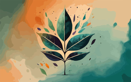 Abstract background with watercolor splashes and leaves. Vector illustration.のイラスト素材