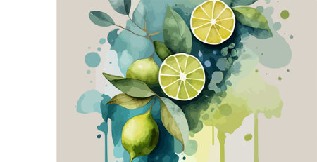 Lime with watercolor splashes on watercolor background. Vector illustration.のイラスト素材