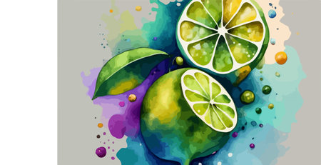 Lime fruit on watercolor splashes background. Vector illustration.のイラスト素材