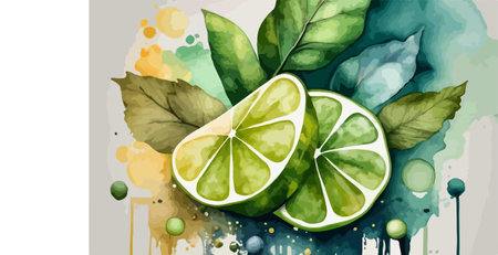 Lime watercolor background with green leaves and splashes. Vector illustration.のイラスト素材
