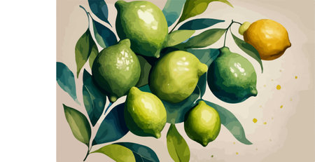 Lime branch with ripe fruits and green leaves. Vector illustration.のイラスト素材