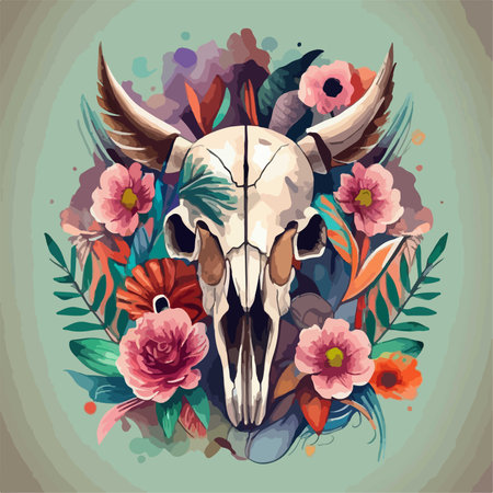 Skull of a buffalo with flowers and leaves. Vector illustration.のイラスト素材