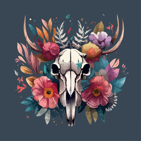 Hand drawn vector illustration of a skull with flowers and leaves on dark backgroundのイラスト素材