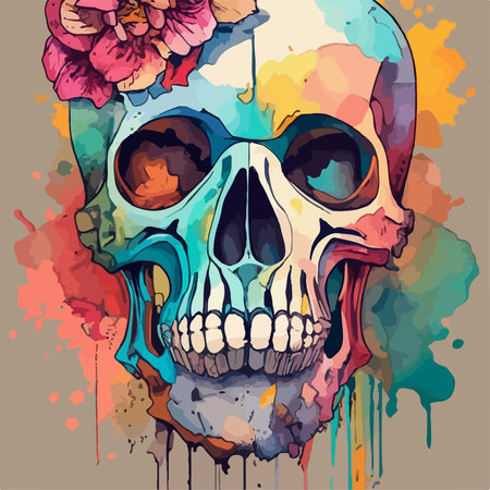 Human skull with colorful watercolor splashes and flowers. Vector illustration.のイラスト素材