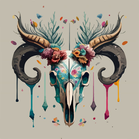 Vector illustration of a skull with flowers, feathers and watercolor splashesのイラスト素材