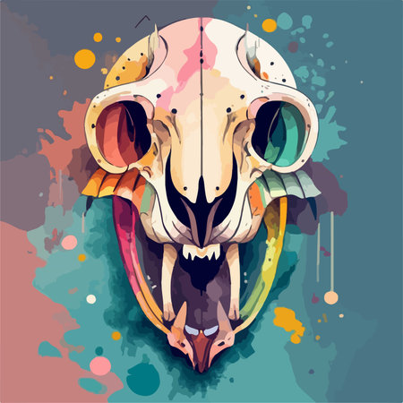 Vector illustration of human skull with colorful splashes and blots.のイラスト素材