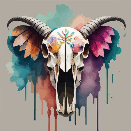 Skull of a goat with a flower on the head. Vector illustrationのイラスト素材
