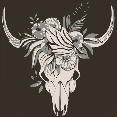 Vector illustration of a skull with flowers and leaves. Tattoo.のイラスト素材