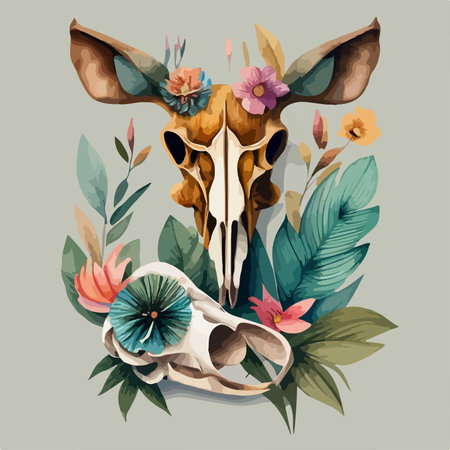 Skull of giraffe with flowers and leaves. Vector illustration.のイラスト素材