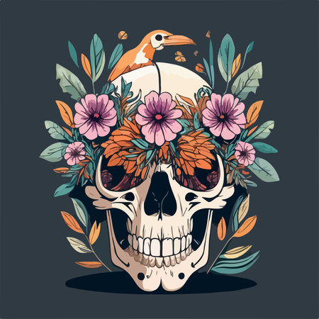 Skull with flowers and bird. Vector illustration. Hand drawn.のイラスト素材