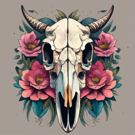 Skull of a bull with horns and flowers. Vector illustration.のイラスト素材