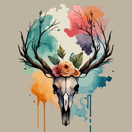 Skull with rose flower on abstract watercolor background. Vector illustration.のイラスト素材