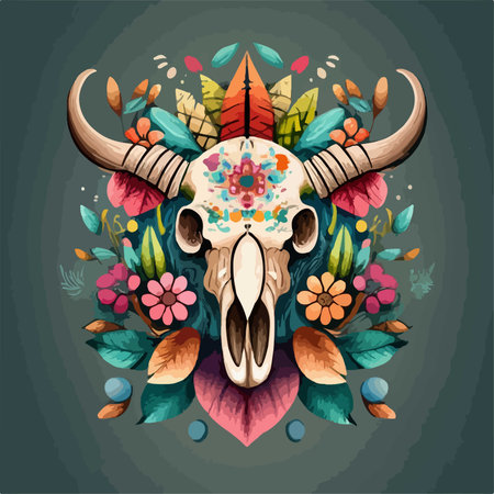 Skull with flowers and leaves. Vector illustration on dark background.のイラスト素材