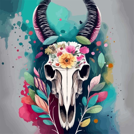 Skull of buffalo with watercolor splashes and flowers. Vector illustration.のイラスト素材