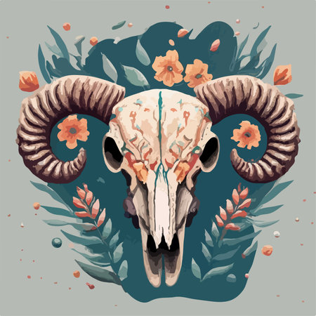Hand drawn vector illustration of a skull of a ram with flowers.のイラスト素材