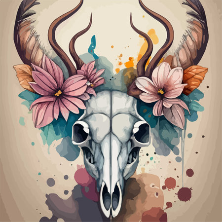 Skull of the goat with flowers on grunge background. Vector illustrationのイラスト素材
