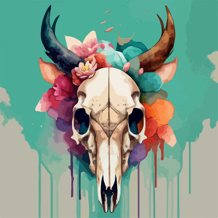 Skull with horns and flowers on grunge background. Vector illustrationのイラスト素材