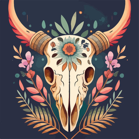 Skull of a cow with horns and floral ornament. Vector illustrationのイラスト素材