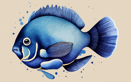 Illustration of a blue fish on a beige background with splashesのイラスト素材