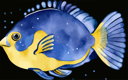 Illustration of a blue and yellow tropical fish on a black backgroundのイラスト素材