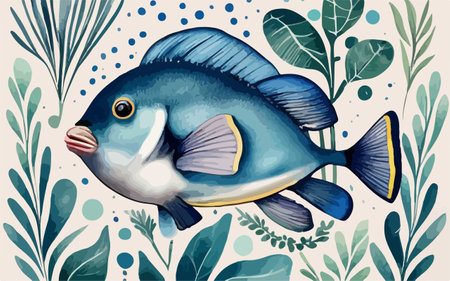 Illustration of a blue tropical fish on a background of plants.のイラスト素材
