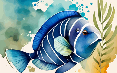 Illustration of a blue tropical fish on a watercolor background.のイラスト素材