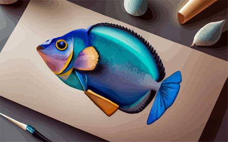 Illustration of a blue tropical fish on a cutting board with a paintbrushのイラスト素材