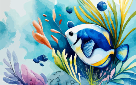 Illustration of a cute blue and yellow fish on a blue backgroundのイラスト素材