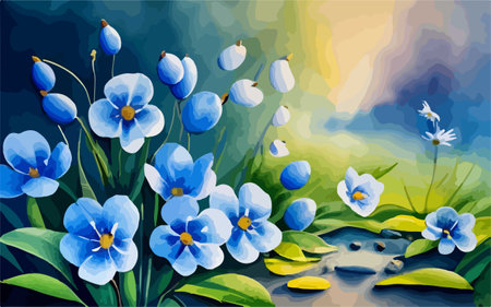 Vector illustration of blue pansy flowers on the background of the riverのイラスト素材