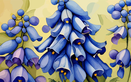 Illustration of a bouquet of blue flowers on a yellow backgroundのイラスト素材