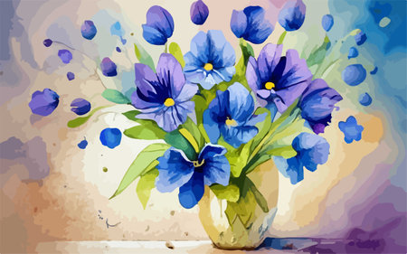 Bouquet of blue pansy flowers in vase. Vector illustration.のイラスト素材