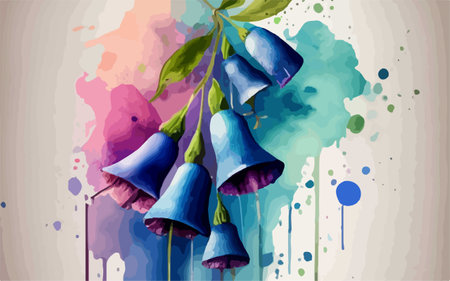 Illustration of blue bells with watercolor splashes on a white backgroundのイラスト素材