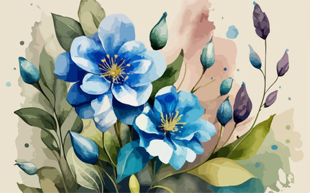 Floral background with blue flowers and watercolor stains. Vector illustration.のイラスト素材