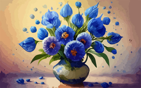 Bouquet of blue pansy flowers in vase, vector illustrationのイラスト素材