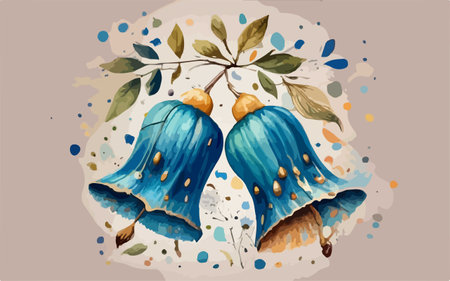 Watercolor illustration of blue bells on a branch with leaves and berriesのイラスト素材