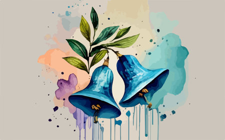 Hand drawn watercolor illustration of two bells with green leaves on colorful background.のイラスト素材
