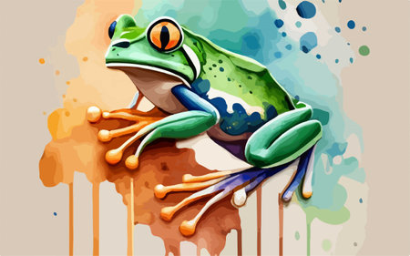 Illustration of a green frog on a watercolor background. Vector illustrationのイラスト素材