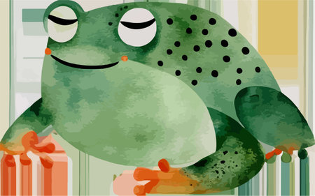 Illustration of a green frog sitting on a shelf and looking at the cameraのイラスト素材