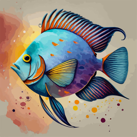 Illustration of a blue fish on a grunge background with splashesのイラスト素材