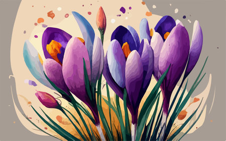 Violet crocuses on a beige background. Vector illustration.のイラスト素材