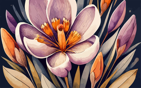 Beautiful crocus flowers on a dark background. Vector illustration.のイラスト素材