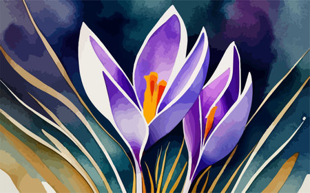 Beautiful spring crocus flowers on abstract background. Vector illustration.のイラスト素材