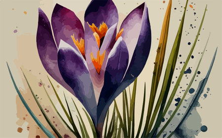 Purple crocus flower on grunge background. Vector illustration.のイラスト素材