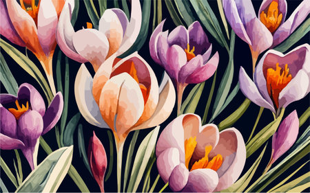 Vintage crocus flowers seamless pattern. Hand drawn vector illustration.のイラスト素材