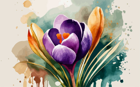 Hand drawn watercolor spring crocus flower on grunge background.のイラスト素材