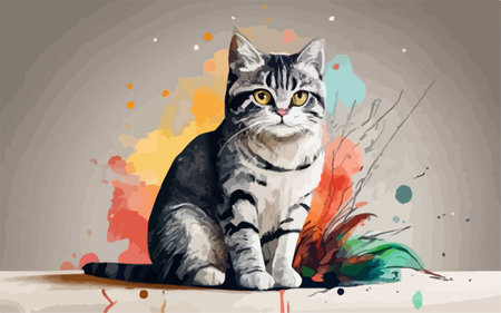 Illustration of a cat sitting on a colored background with splashesのイラスト素材