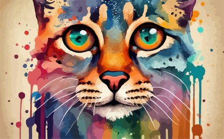 Watercolor portrait of a cat with colorful splashes. Vector illustrationのイラスト素材