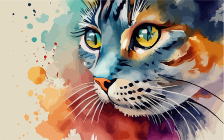 Watercolor portrait of a cat with colorful splashes. Vector illustration.のイラスト素材