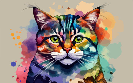 Colorful watercolor portrait of a cat on a multicolored backgroundのイラスト素材